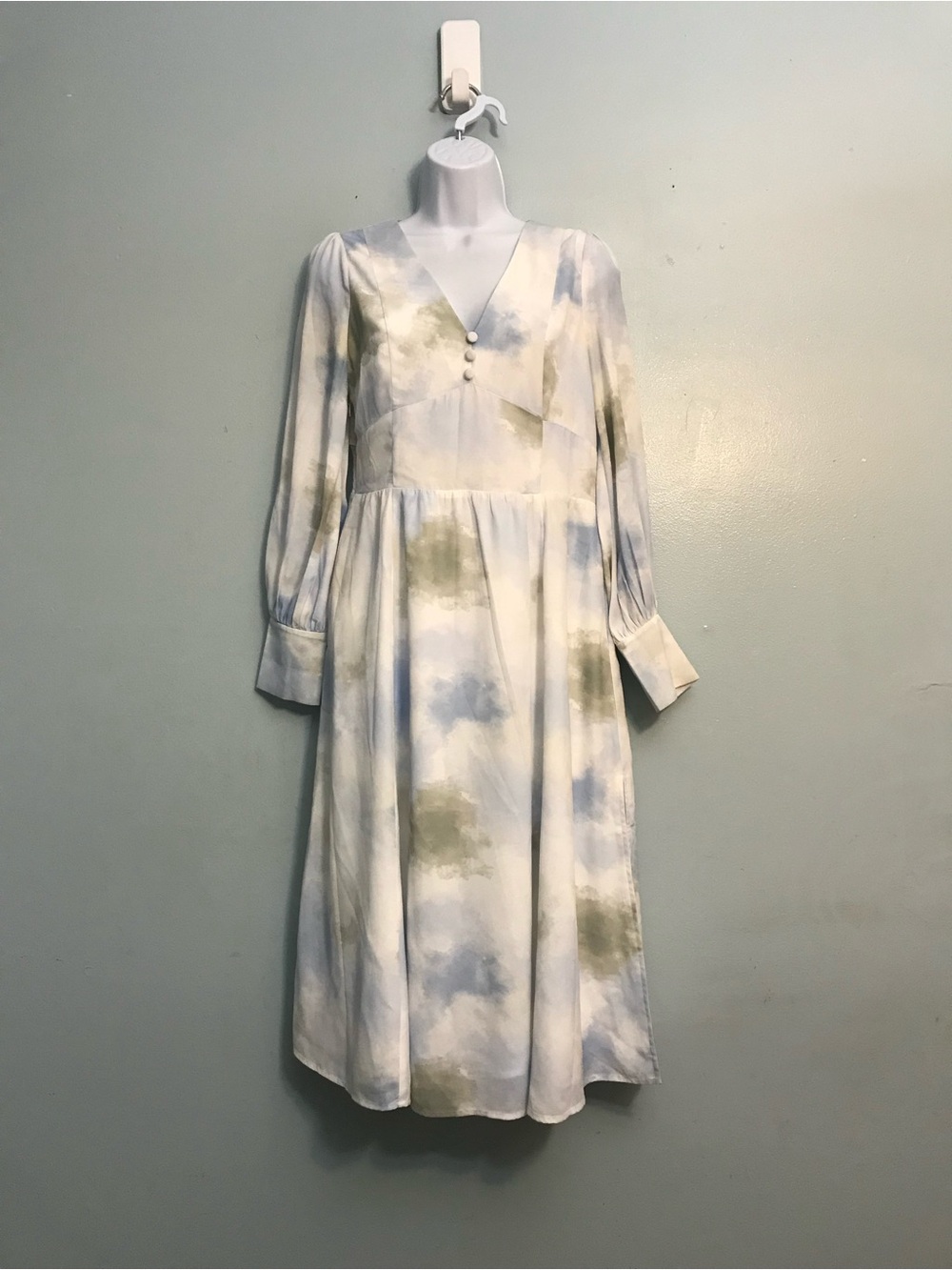 Petite Studio Pastel Blue Olive Tie-Dye V-Neck Midi Dress Puff Sleeve Sz S